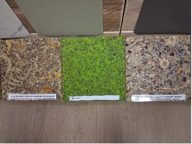 Bio bouwplaten afgewerkt met mos, bloemen en plantendelen