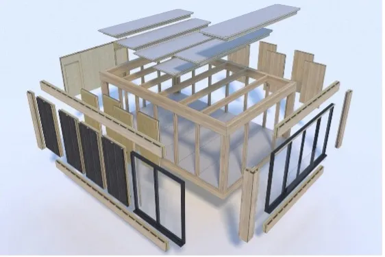 Opengewerkte weergave van een modulair houten bouwsysteem
